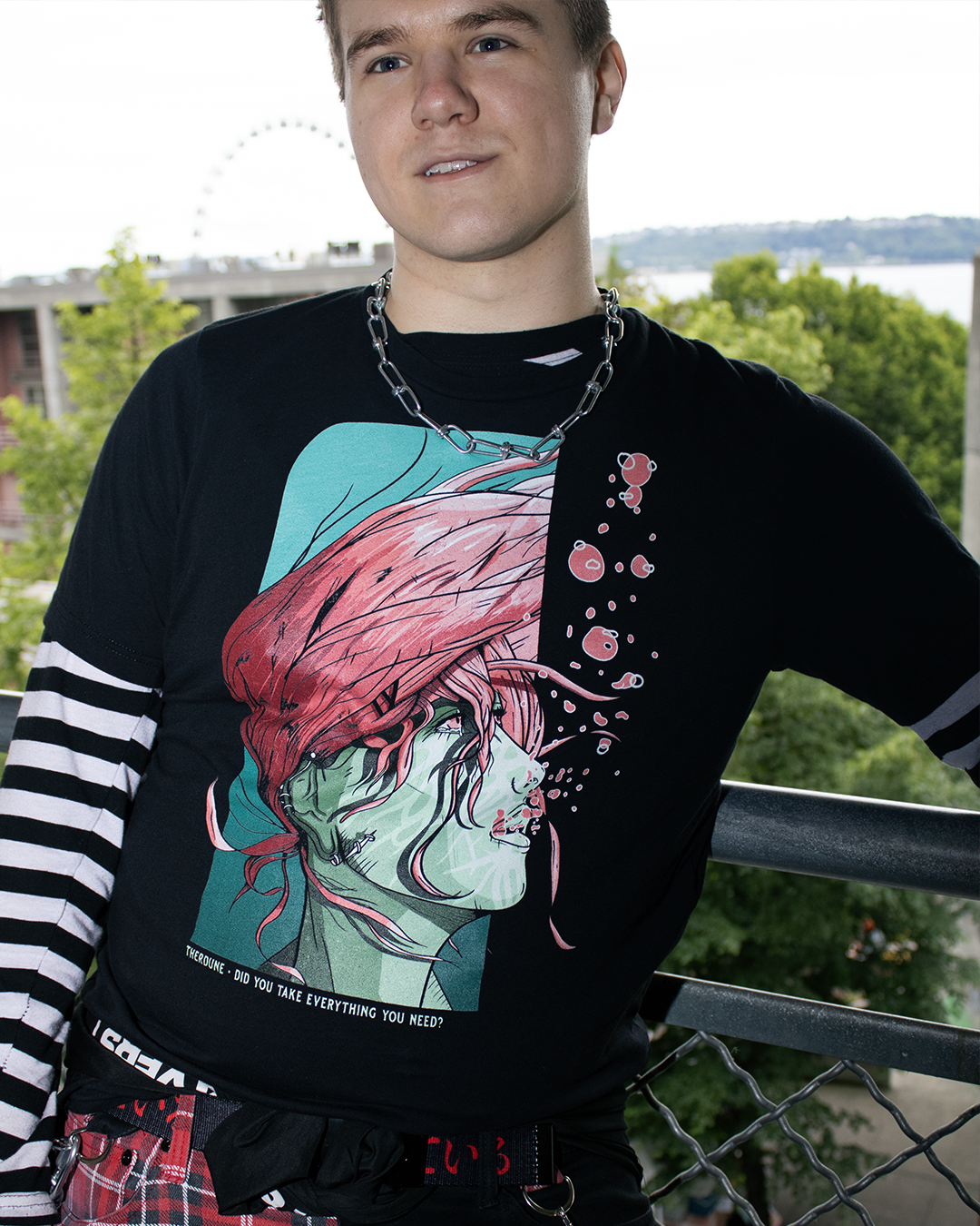 Person wearing a black shirt with a green-skinned woman with pink hair flowing underwater. Pink air bubbles. The phrase "therdune - did you take everything you need?" written on bottom