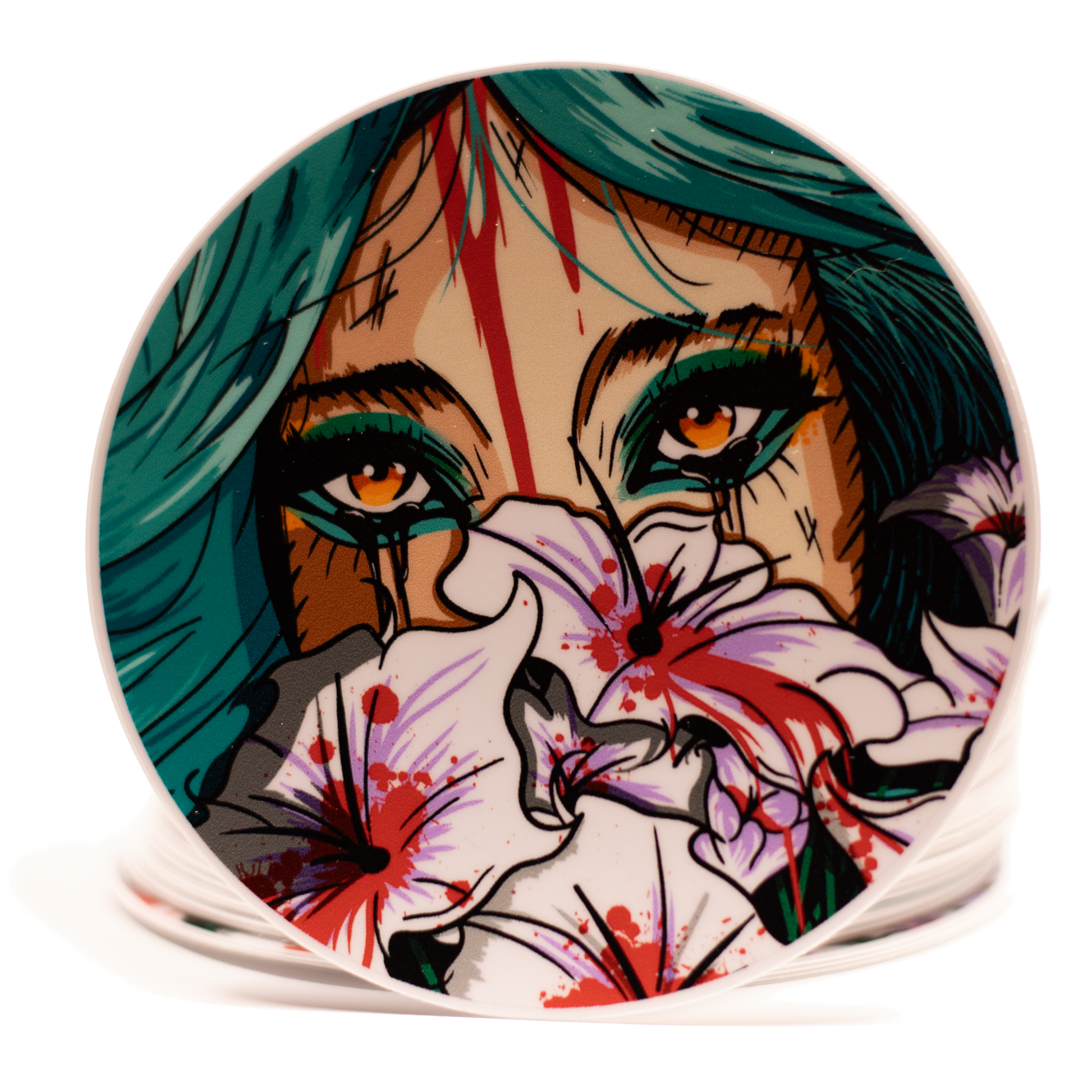 Sticker with a stylized illustration of a person with teal hair and colorful makeup on a white background
