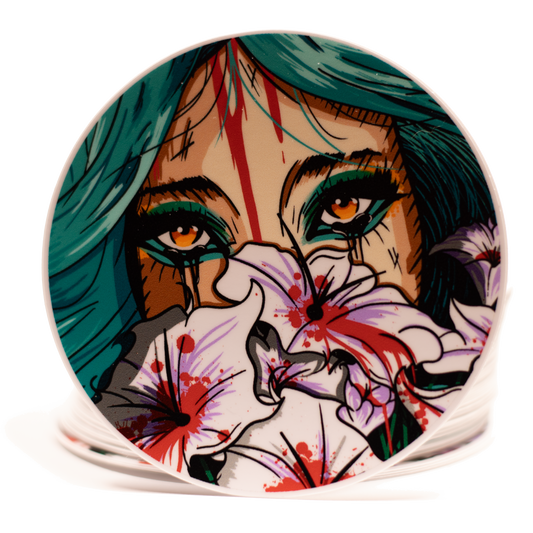 Sticker with a stylized illustration of a person with teal hair and colorful makeup on a white background