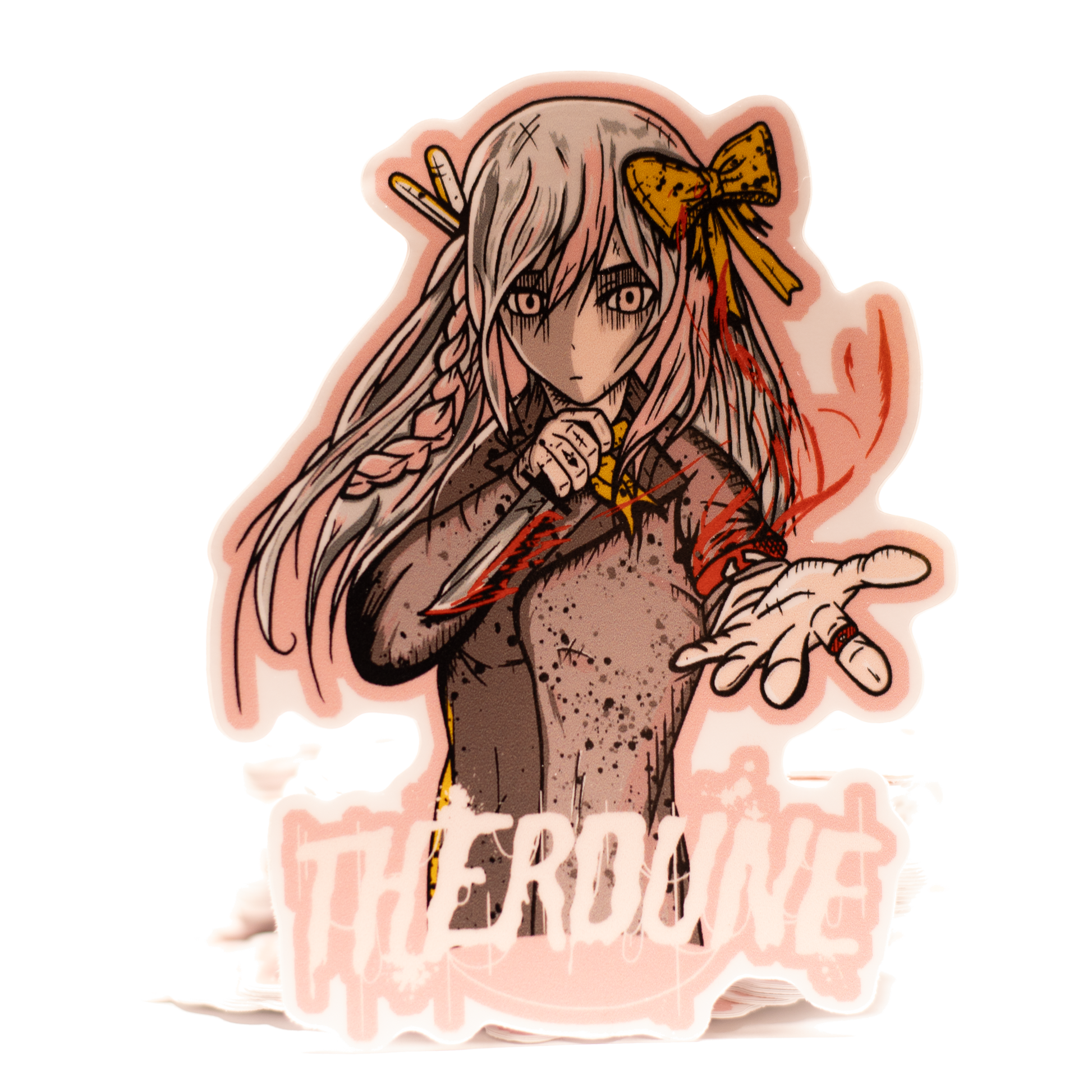 Sticker of an anime-style character with pink hair and a bow, holding a knife, on a white background.