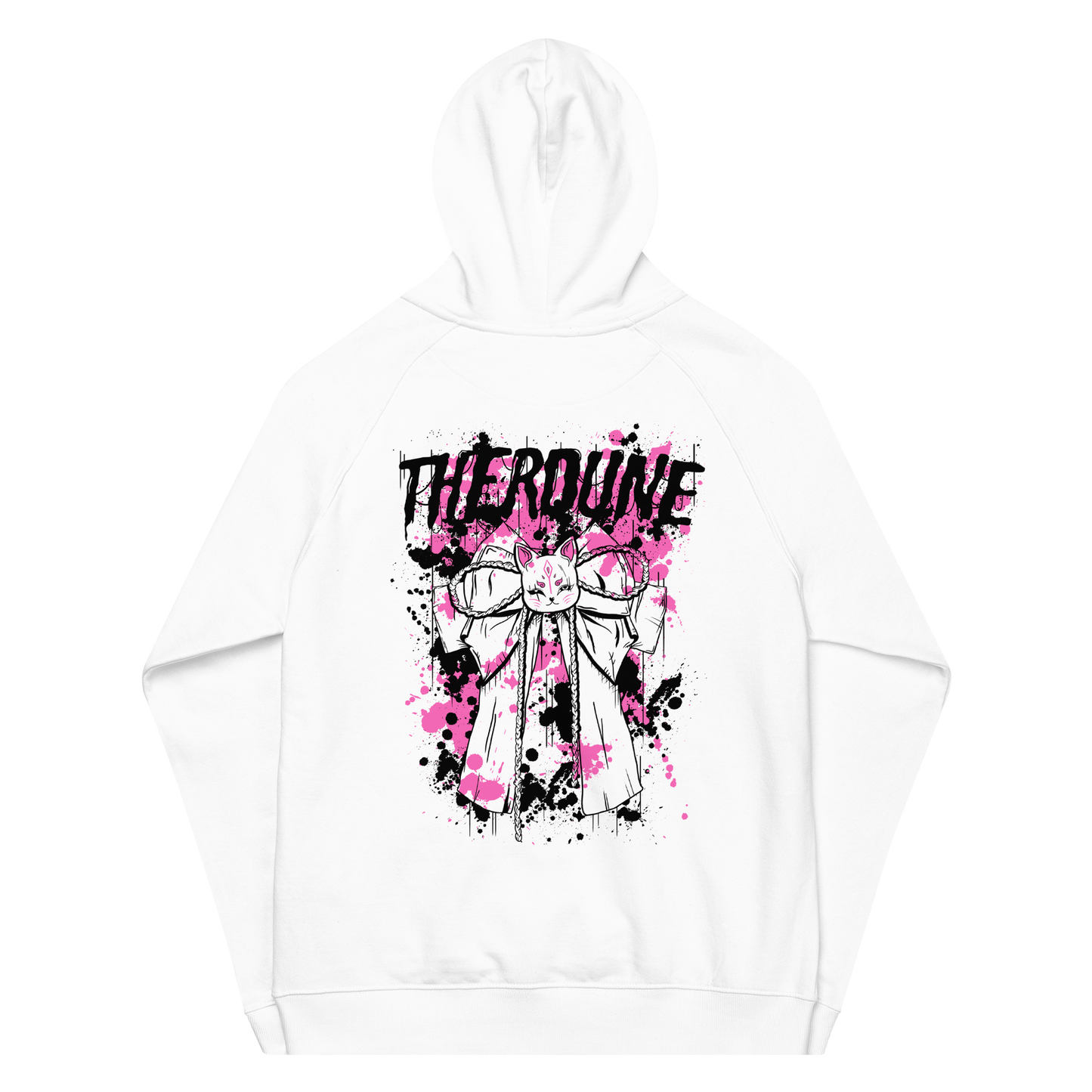 White hoodie with "Therdune" logo, a stylized kitsune bow, pink and black paint splatter
