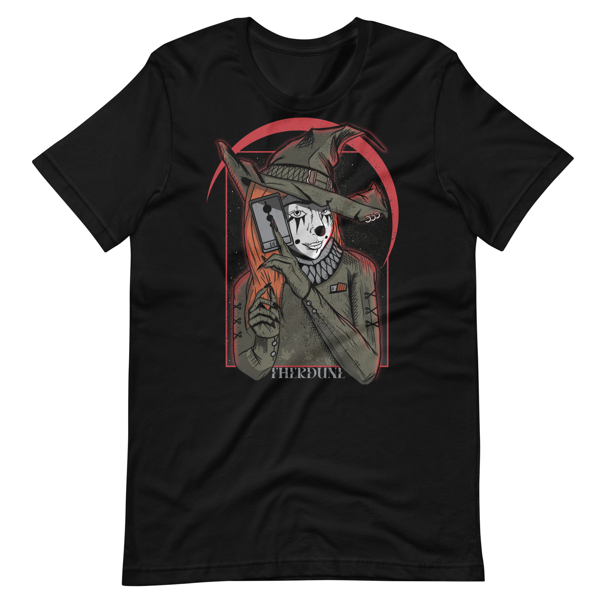 Black shirt with a graphic of a witch in clown makeup, holding a tarot card in front of a red crescent moon. "Therdune" logo on bottom of graphic.