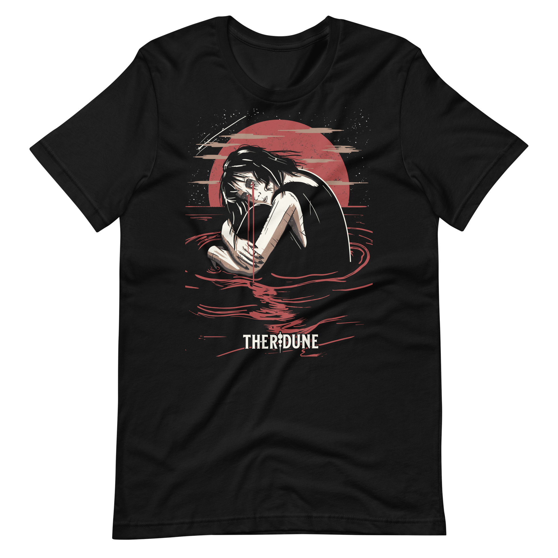 Black shirt with graphic of woman in red tinted water, crying red tears, in front of a red sun. "Therdune" logo on bottom of graphic