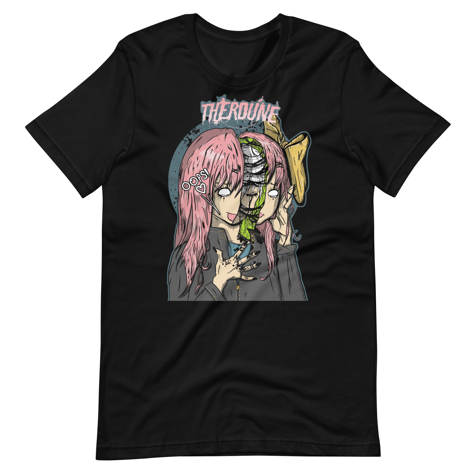 Black shirt with anime stylized woman, head splitting open revealing a crying woman inside. Speech text saying "Oops!" with Therdune logo on top in pink.