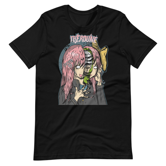 Black shirt with anime stylized woman, head splitting open revealing a crying woman inside. Speech text saying "Oops!" with Therdune logo on top in pink.
