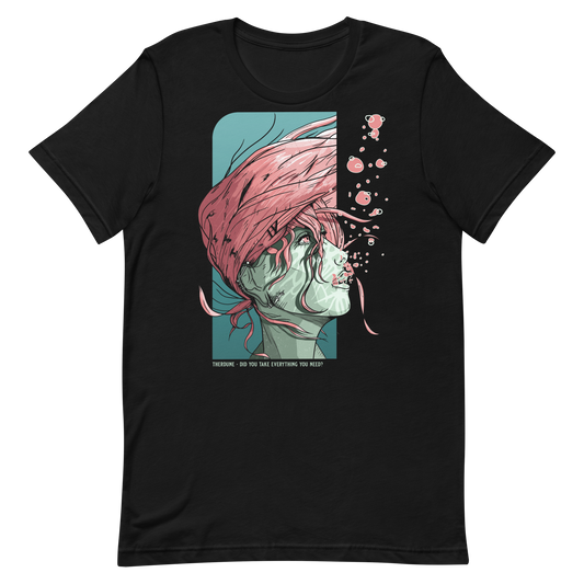 Black shirt with a green-skinned woman with pink hair flowing underwater. Pink air bubbles. The phrase "therdune - did you take everything you need?" written on bottom