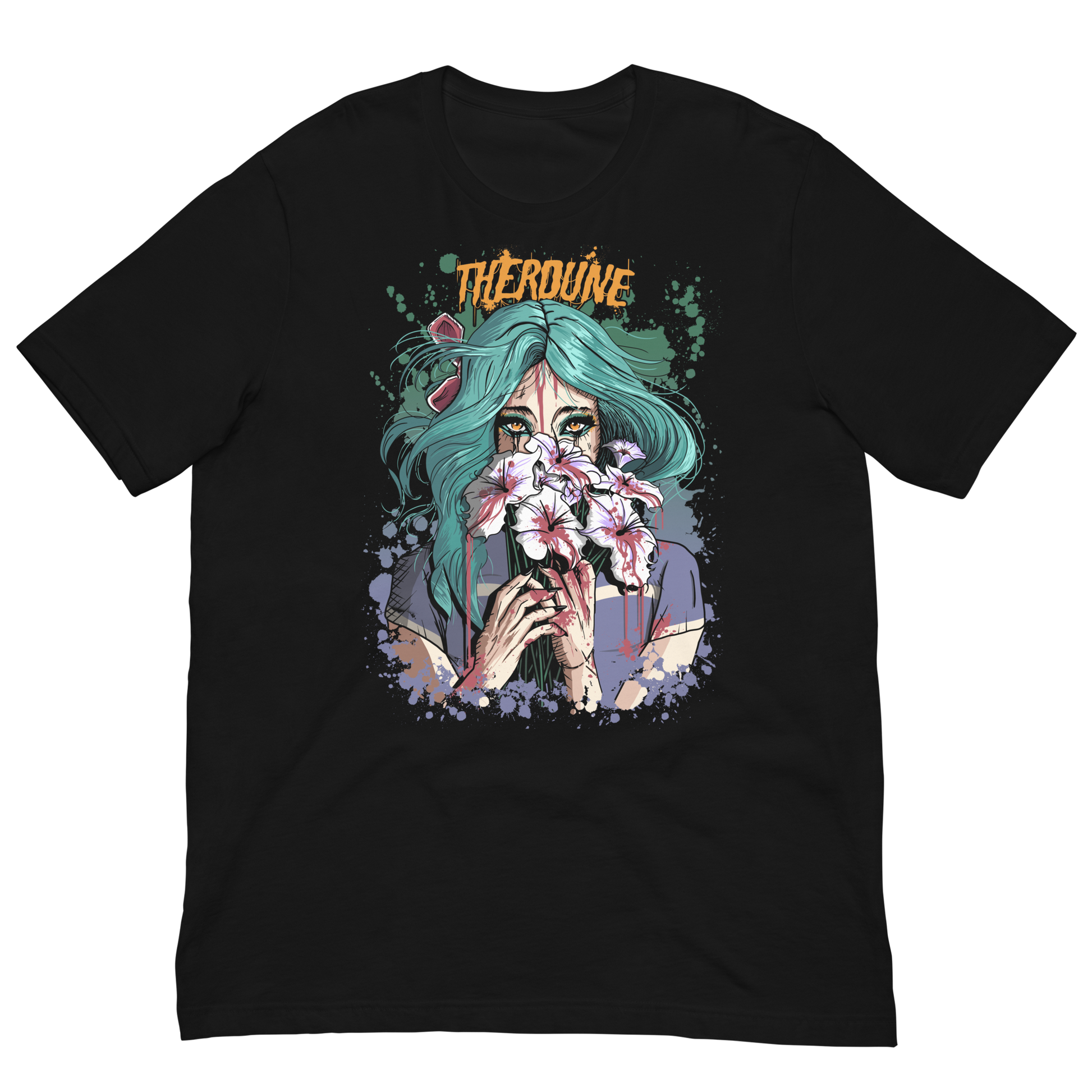 Black shirt with anime stylized woman with teal hair holding white flowers dripping blood in front of her face. Orange Therdune logo