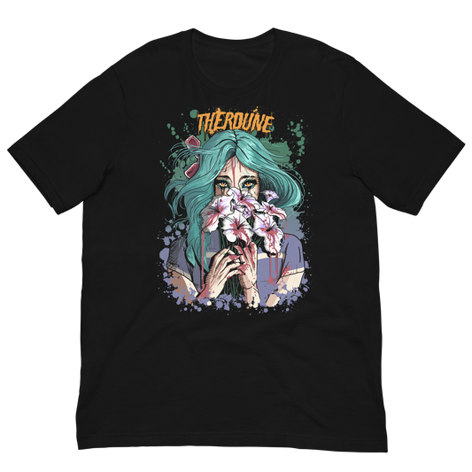 Black shirt with anime stylized woman with teal hair holding white flowers dripping blood in front of her face. Orange Therdune logo