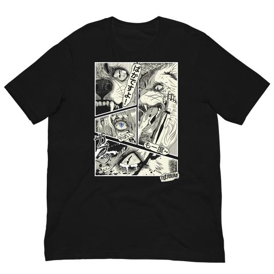 black shirt with 4 panel manga style illustration with japanese text and Therdune logo