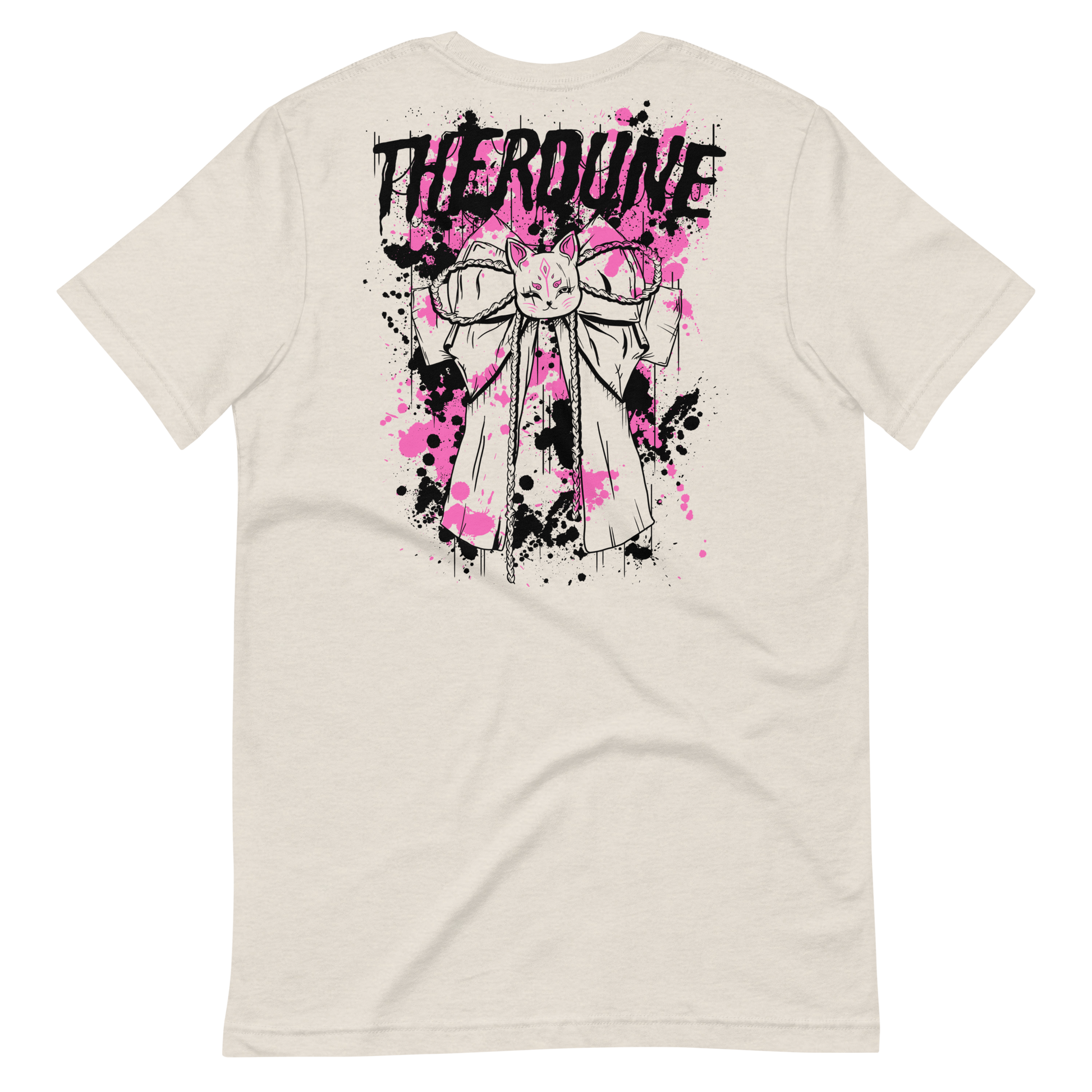White shirt with "Therdune" logo, a stylized kitsune bow, pink and black paint splatter