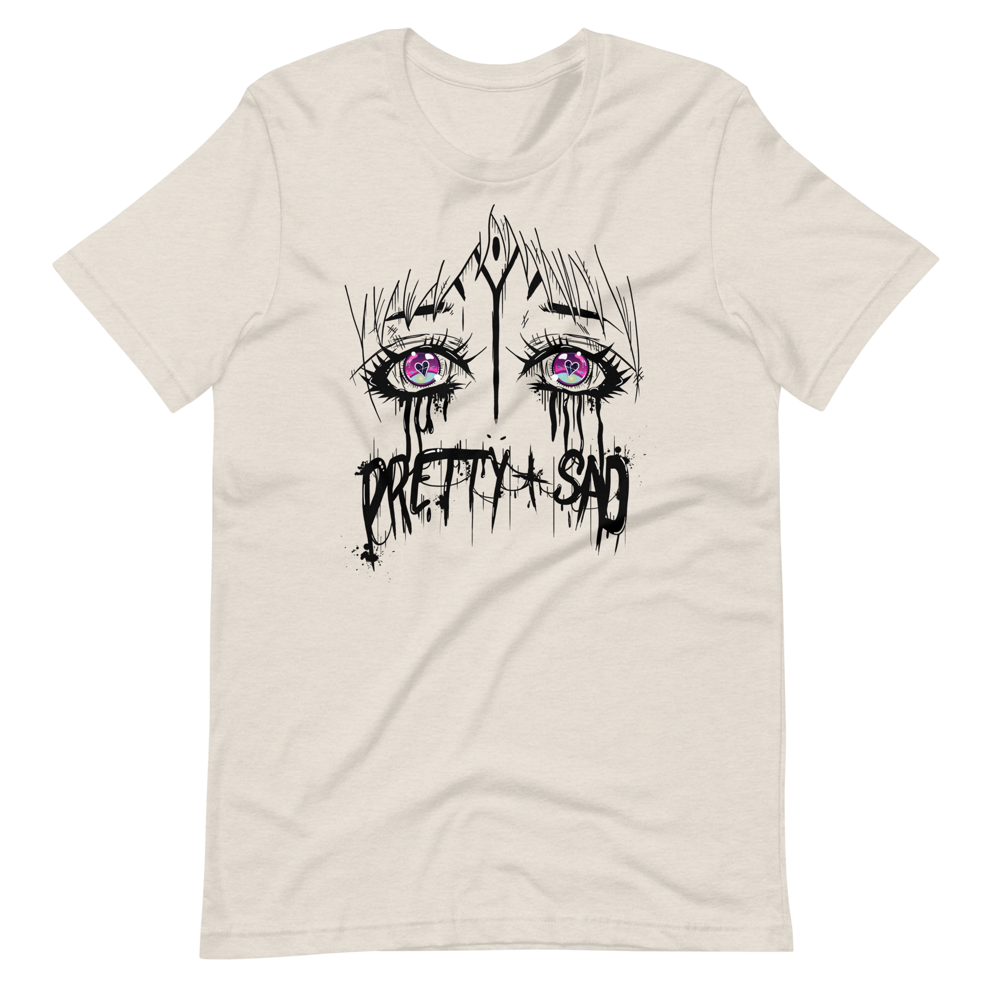 A white t-shirt with a graphic print of stylized eyes and the text 'Pretty & Sad' on the front.