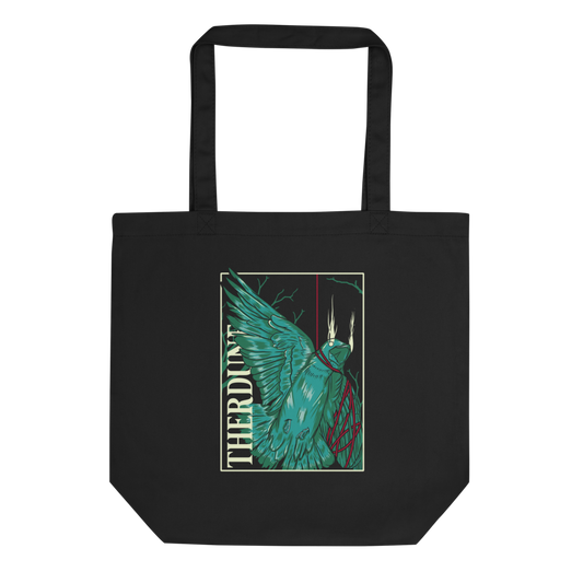 Black tote bag with stylized graphic of a green bird, one wing and neck is wrapped up with a red piece of string. "Therdune" logo written on left side vertically