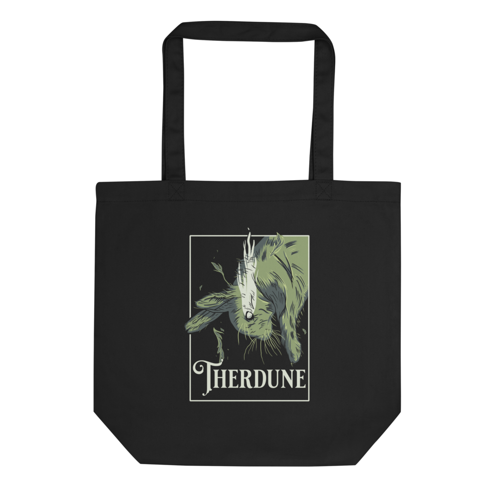 Black tote bag with graphic of a falling rabbit, smokey tears coming out from the rabbit's eye. "Therdune" logo framed below