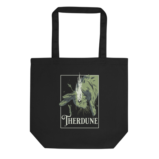 Black tote bag with graphic of a falling rabbit, smokey tears coming out from the rabbit's eye. "Therdune" logo framed below