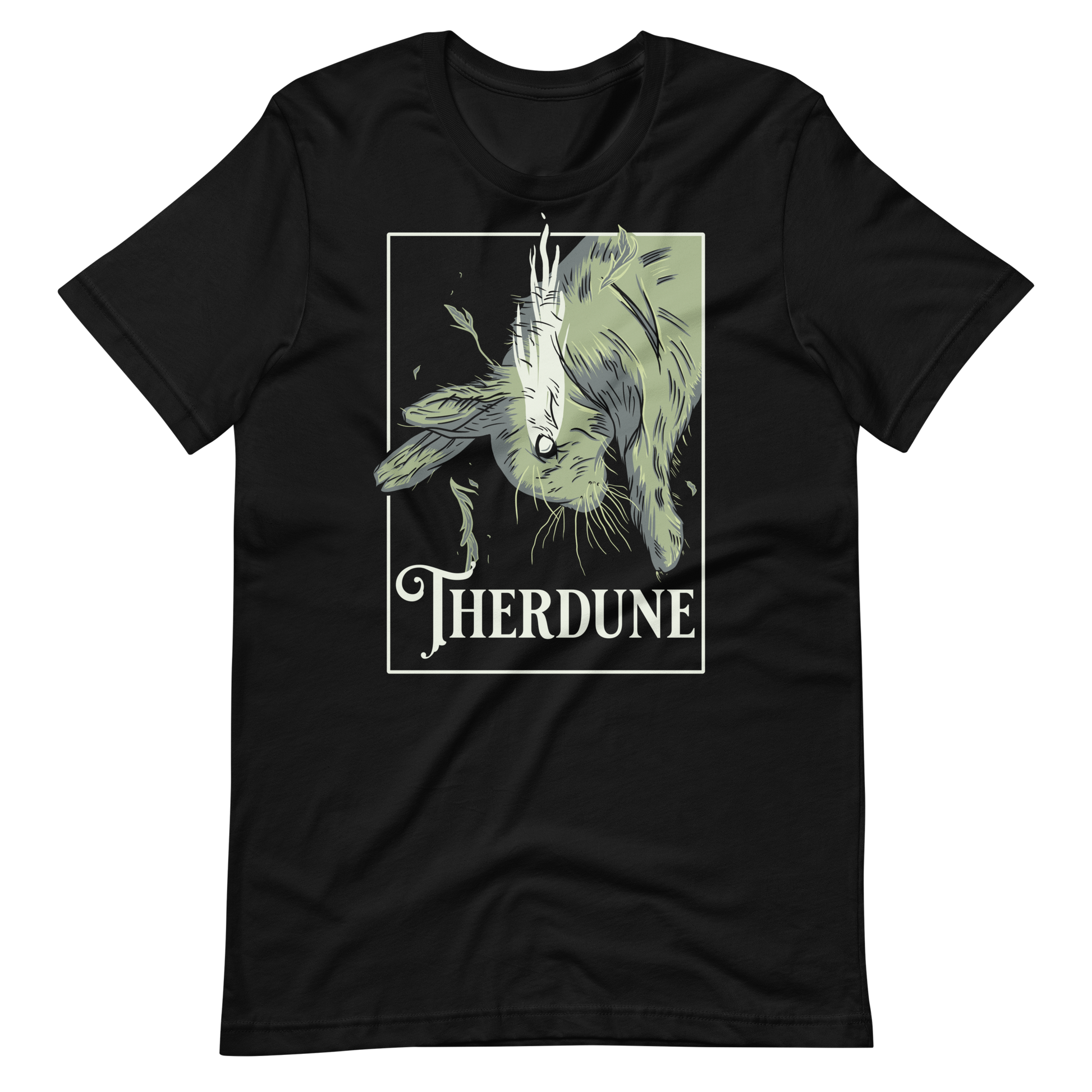 Black shirt with graphic of a falling rabbit, smokey tears coming out from the rabbit's eye. "Therdune" logo framed below