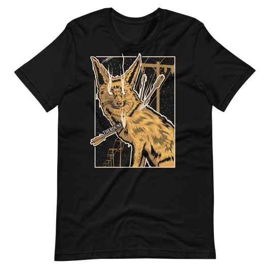 Black shirt with graphic of an orange fox impaled with arrows. Telephone poles and stars in the background. "Therdune" logo above one of the arrows