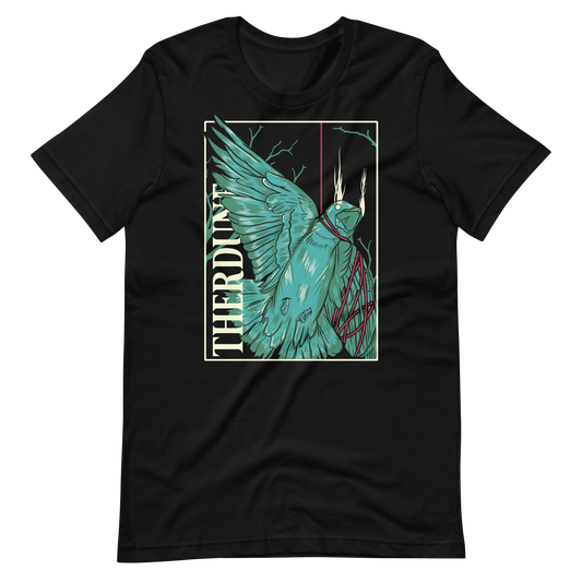 black shirt with stylized graphic of a green bird, one wing and neck is wrapped up with a red piece of string. "Therdune" logo written on left side vertically