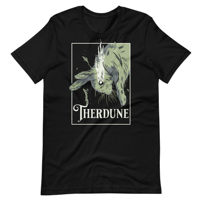 Black shirt with graphic of a falling rabbit, smokey tears coming out from the rabbit's eye. "Therdune" logo framed below 